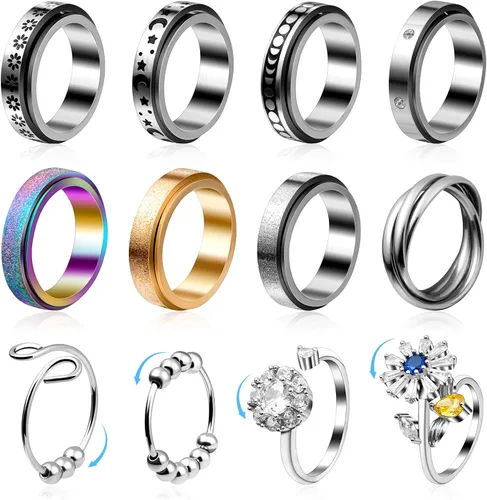 Cruzix 12 piezas de anillos para ansiedad para mujer, anillos giratorios de acero inoxidable con cuentas de luna y estrella, anillo abierto