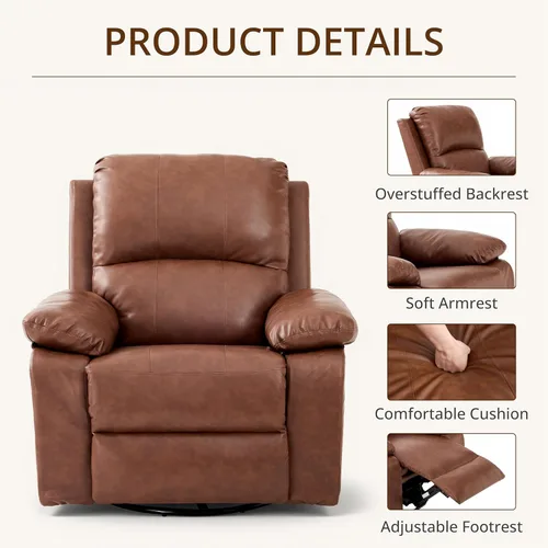 Miniatura 6 de Silla reclinable giratoria de cuero de 360° para adultos, sillón reclinable manual con cojín de resorte, sofá individual con bolsillos laterales
