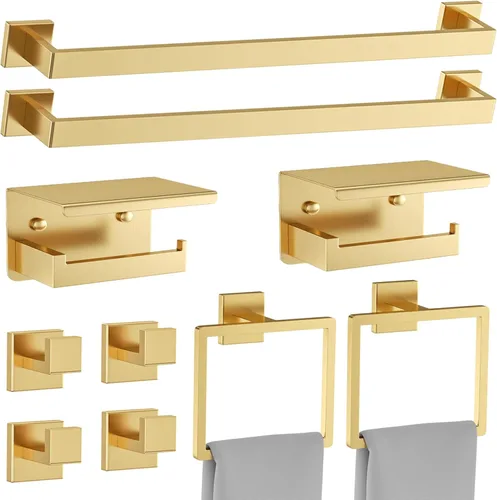 Miniatura 15 de Juego de accesorios de baño de 10 piezas en oro cepillado Juego de barra de toallas doradas, toallero/estante para baño, juego de accesorios de baño
