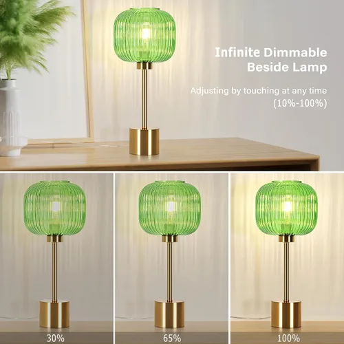 Miniatura 2 de Lámpara de mesa de cristal verde con 3 vías regulable y control táctil, lámpara de mesita de noche vintage moderna de mediados de siglo