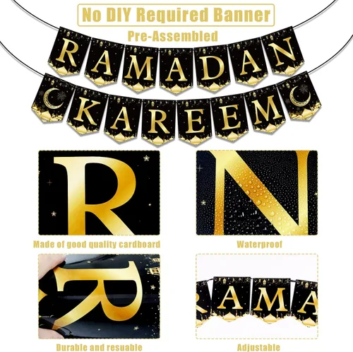 Miniatura 3 de Cartel de Ramadán Mubarak para decoración de fiesta, linterna de luna negra dorada y negra, banderines colgantes de Ramadán Kareem, suministros