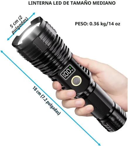 Miniatura 6 de Linternas recargables de alto lúmenes, 10000 lm LED súper brillante, linternas con zoom con pantalla digital LCD, 5 modos, impermeable, potente Negro