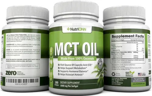 Miniatura 6 de NutriONN Aceite MCT, 3000 mg por porción, 180 cápsulas blandas, hecho de cocos 100% orgánicos, sin OMG, prensado en frío, cápsulas aptas para paleo