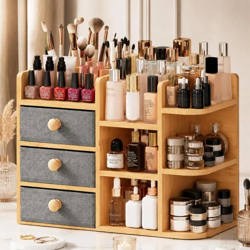 Organizador de maquillaje grande de bambú para tocador, organizador de baño de bambú de 3 niveles de gran capacidad y almacenamiento, soporte de