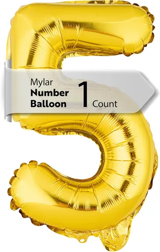 Restaurantware-Balloonify Globo de Número de 16 Pulgadas, 1 Globo Digital para Fiesta - Número 5, Auto-Sellado, Acabado de Mylar de Folio Dorado, Oro