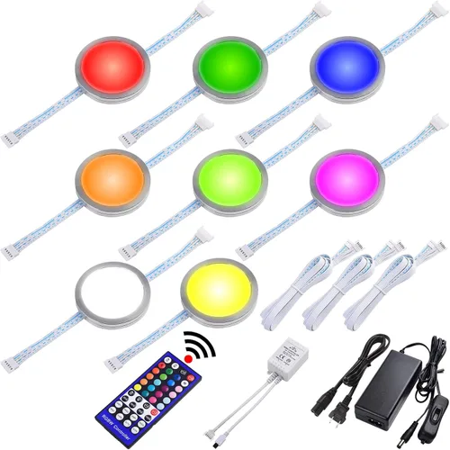 RGBW Collection - Iluminación para exhibición, discos LED debajo del gabinete, cambio de color rojo, verde, azul y blanco verdadero, control remoto