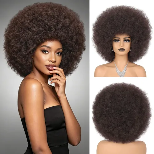 Miniatura 15 de Pelucas afro de los años 70 para mujeres negras, sin pegamento, peluca rizada afro soplada, resistente al calor, pelucas sintéticas para uso diario