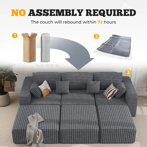 Miniatura 7 de Sofá cama seccional modular de 113", sofás de nube convertibles para sala de estar con otomana, juego de sofá cama de pana sin estructura de 6 Gris