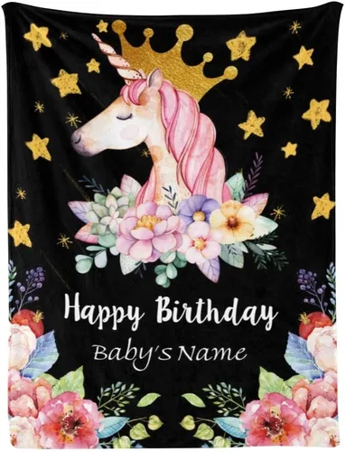 Mantas de bebé personalizadas de unicornio con nombre/texto, mantas de bebé personalizadas para niña y niño, manta de forro polar negro súper suave