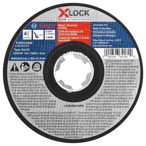 BOSCH TCWX1S450 - Rueda abrasiva X-LOCK de corte rápido de metal/inoxidable de 4-1/2 pulgadas x 0.045 pulgadas, grano 60, compatible con eje tipo 1A