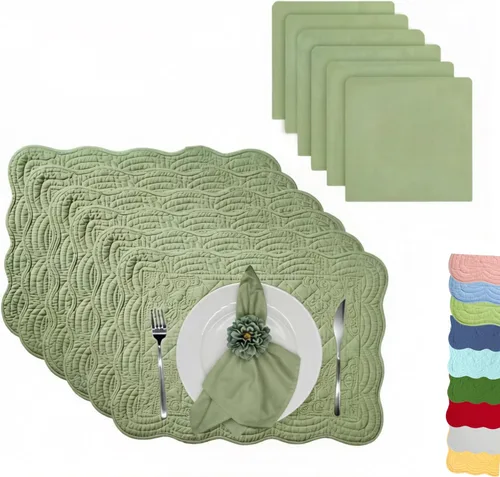 Miniatura 16 de Juego de 4 manteles individuales acolchados de algodón con servilletas a juego, manteles de mesa y servilletas de tela 100% algodón, juego de 8