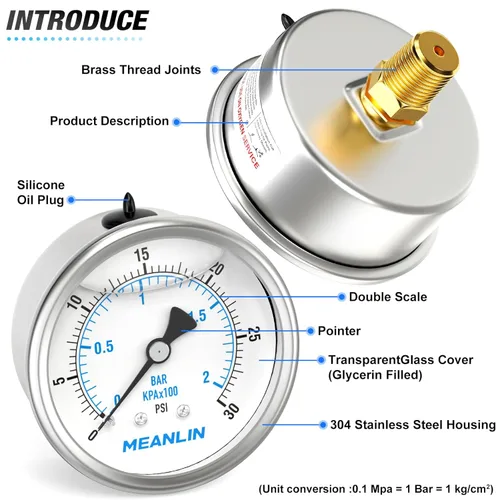 Miniatura 4 de MEANLIN MEASURE 0~30 psi Manómetro de acero inoxidable, relleno de líquido, esfera con cara de 2.5 pulgadas, NPT de 1/4 de pulgada, agua, aceite