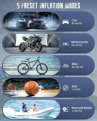 Miniatura 5 de Inflador de neumáticos, compresor de aire portátil para neumáticos de automóvil, batería de 150 PSI y 20000 mAh, bomba de neumáticos inalámbrica