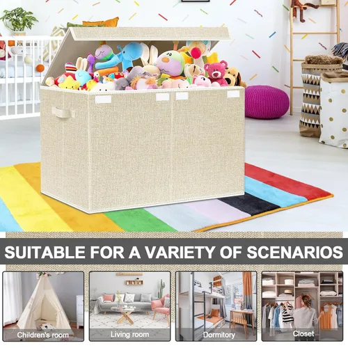 Miniatura 8 de Baúl grande de almacenamiento para juguetes con tapa - Cajas organizadoras plegables para niños con asas para niños, niñas, guardería, sala de Beige