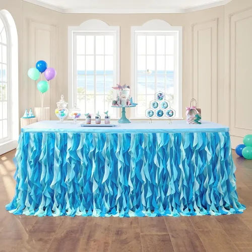 Leegleri - Falda de mesa de tul con volantes de sauce rizado de 6 pies para mesas rectangulares o redondas, falda de mesa tutú azul océano bajo el