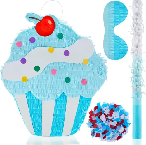 Piñata de cupcakes para fiesta de cumpleaños, piñata azul para niñas con palo, confeti para los ojos vendados, piñatas grandes de helado para niños,
