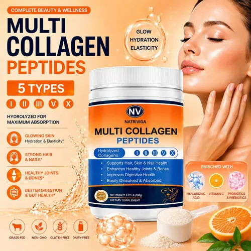 Miniatura 2 de Polvo de péptidos de colágeno múltiple - Tipo I, II, III, V, X - Péptidos de colágeno hidrolizados con vitamina C ácido hialurónico, apoya la piel