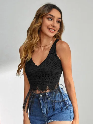Miniatura 5 de Verdusa Camiseta corta sin mangas con cuello en V y encaje guipur para mujer