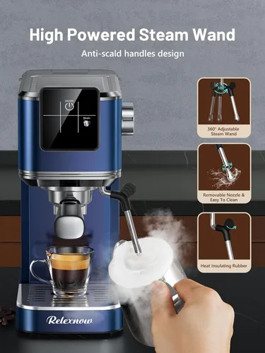 Miniatura 8 de RELEXNOW Máquina de café expreso, 20 bares, espumador de leche y panel LCD, máquina de café caliente y helado, máquina de café espresso de acero Azul
