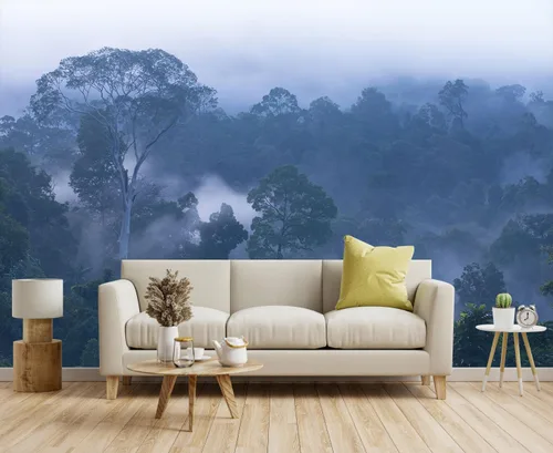 Toolhom Vista matutina del bosque brumoso, mural de papel tapiz del bosque para sala de estar, dormitorio, fondo de pared del comedor (no