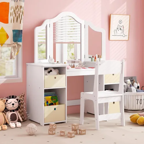 Miniatura 11 de Costzon Tocador para Niños, Juego de Escritorio y Silla de Maquillaje de Princesa 2 en 1 con Espejo Tri-Plegable, 4 Cubos de Almacenamiento, Mesa