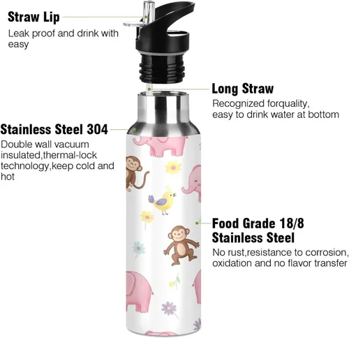 Miniatura 3 de BPA-Free Sports Water Bottle with Straw 20 Oz, Stainless Steel Vacuum Insulated Water Bottle for Gym Outdoor Travel School, Cute Elephants