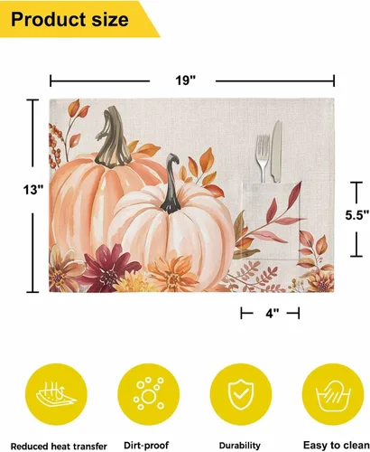 Miniatura 4 de Juego de 4 manteles individuales de mesa de calabaza rosa para mesa de comedor, tela de lino de algodón con bolsillo, arpillera cuadrada