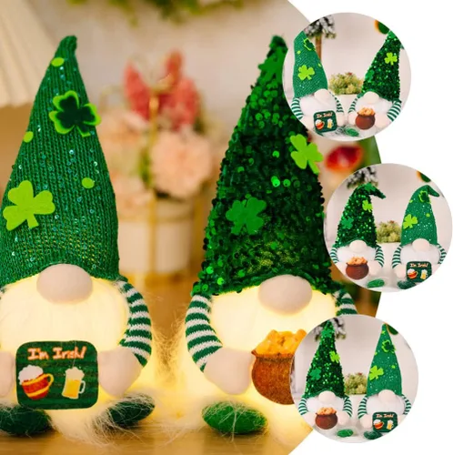 Miniatura 2 de ABOOFAN Gnomo del día de San Patricio, duende irlandés, gnomo sueco con trébol de la suerte verde claro, gnomo, muñeco de gnomo, elfo con cuenco
