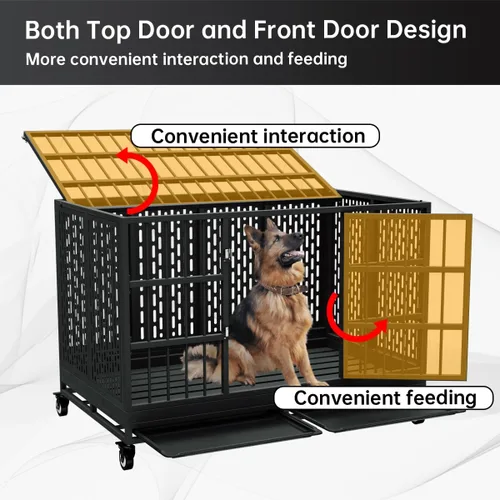 Miniatura 6 de Snuowu Jaula para perros de 48 pulgadas de servicio pesado con ruedas, jaula plegable de metal para perros grandes y medianos, jaula para perros