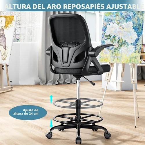 Miniatura 6 de Kensaker Silla de Dibujo Alta con Anillo Reposapiés para el Hogar y el Trabajo, Silla Ergonómica de Escritorio de Oficina para el Hogar con Brazos