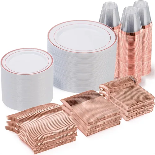 Goodluck Juego de 600 piezas de platos desechables de oro rosa para 100 invitados, platos de plástico para fiesta, boda, juego de vajilla de 100