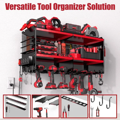 Miniatura 5 de Spampur Organizador de Herramientas Eléctricas de Pared con Regleta de Alimentación de 4 Tomas, Estante de Almacenamiento de Metal Resistente