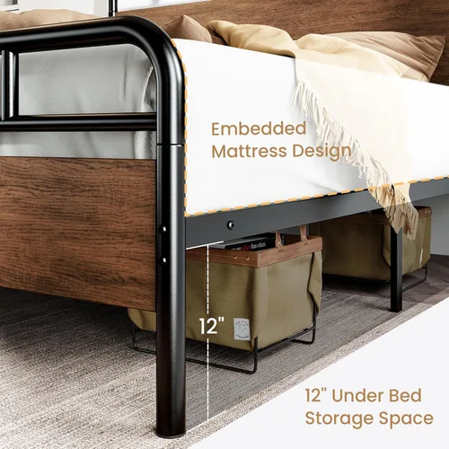 Miniatura 6 de SHA CERLIN Estructura de cama de tamaño king con cabecero y pie de cama de madera, estructura metálica de esquinas redondeadas, listones resistentes