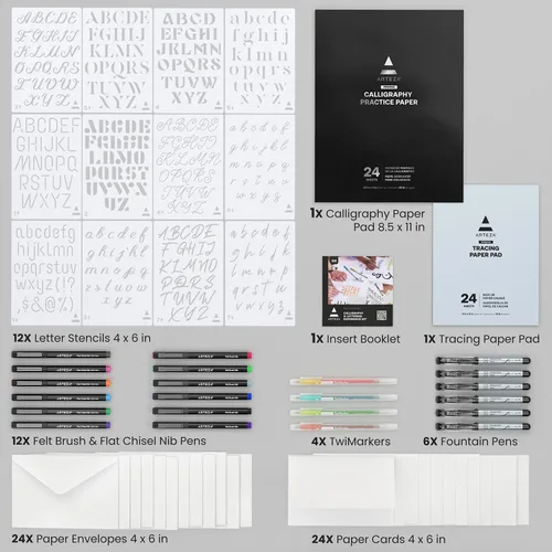 Miniatura 2 de ARTEZA Kit de caligrafía y letras – Juego para principiantes con marcadores de alcohol, bolígrafos de pincel, papel y herramientas para letras a
