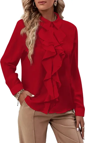 Miniatura 10 de LYANER - Blusa de manga larga con cuello de botón y volantes en la parte delantera para mujer