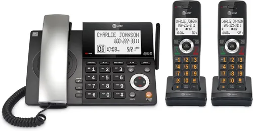 AT&T DECT 6.0 Teléfono doméstico con cable/inalámbrico con 2 auriculares y contestador automático, bloqueador inteligente de llamadas, identificador