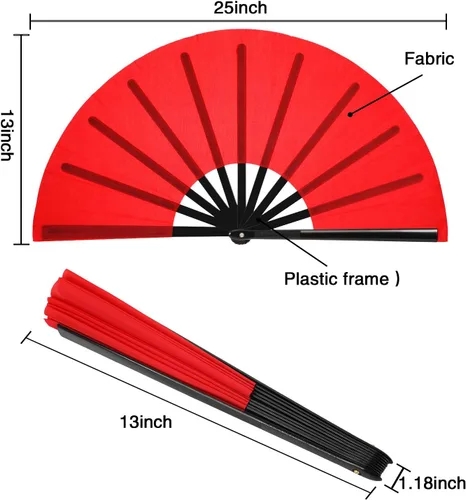 Miniatura 2 de Maitys 2 piezas de abanicos grandes plegables de mano para baile en línea, abanicos grandes de nylon plegables para festival de kung fu chino, Rojo