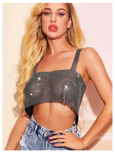 Top corto de lentejuelas brillantes, bikini plateado halter de metal, cadena para el cuerpo, sin negro, playa, rave, club, cadenas de pecho,