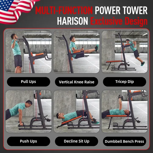 Miniatura 5 de HARISON Torre de potencia multifunción con banco, barra de dominadas resistente, estación de inmersión para gimnasio en casa, entrenamiento