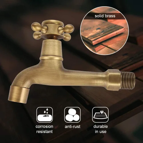 Miniatura 5 de Europeo montado en la pared vintage G1/2 "grifo de latón sólido solo cinta de agua fría para fregadero de cocina fregona piscina (L)