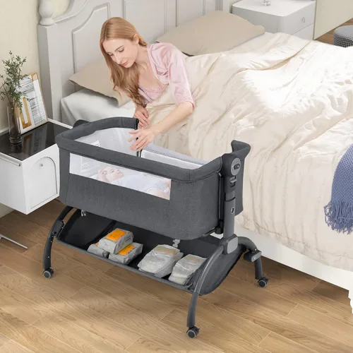 Miniatura 2 de BABY JOY Cuna de bebé, Cuna mecedora 3 en 1 con cesta de almacenamiento, diseño de doble bloqueo, 7 alturas ajustables, colchón suave y bolsa de Gris