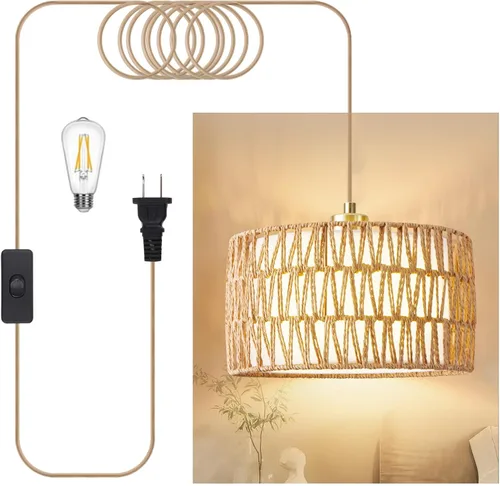 Miniatura 8 de Lámpara colgante enchufable, luces colgantes de ratán con cable enchufable, pantalla tejida y de tela 2 en 1, lámpara colgante enchufable para Negro