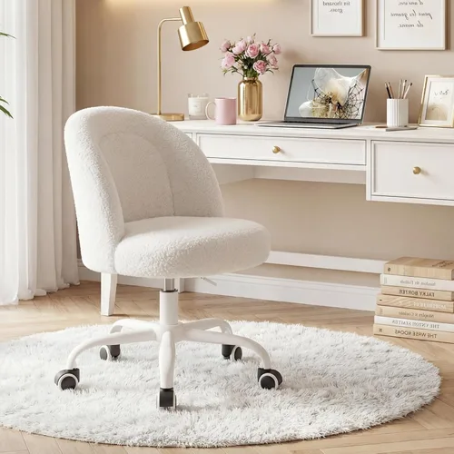 Miniatura 10 de DurayLoly Silla de tocador con respaldo, bonita silla de escritorio con ruedas, silla de oficina sin brazos ajustable en altura, soporte lumbar Gris