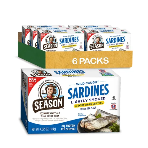 Miniatura 19 de Season Sardinas en aceite de oliva – capturadas en la naturaleza, 0.78 oz de proteína, bocadillos Keto, más Omega 3 que atún, Kosher, alto
