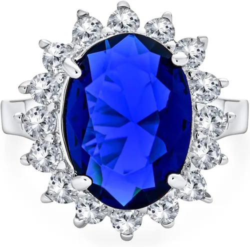 Anillo de compromiso de plata de ley 925 personalizable con halo de corona ovalada de 5 a 7 quilates con circonita cúbica simulada de zafiro azul