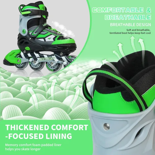Miniatura 4 de Patines en línea ajustables para niños y adultos, patines al aire libre para principiantes con todas las ruedas iluminadas para niñas, niños, Verde