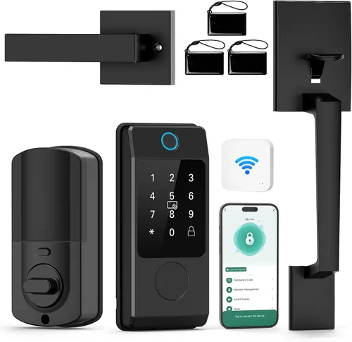 Cerradura inteligente Wi-Fi con juegos de asas, cerradura de puerta de entrada sin llave Miuedo para puerta delantera, compatible con Alexa y Google