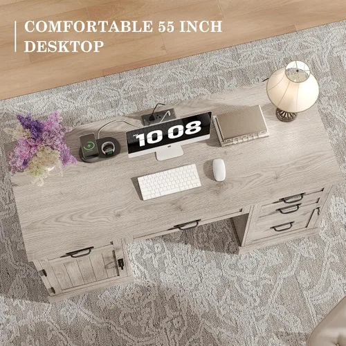 Miniatura 7 de Alohappy Escritorio ejecutivo de granja de 55 pulgadas, escritorio de oficina en casa con cajones, escritorio de madera para computadora