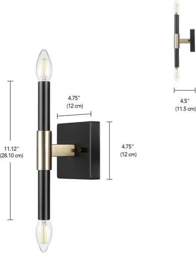 Miniatura 8 de GLOBE Electric 65000044 Aplique de pared de 2 luces, negro mate, acento de latón antiguo, zócalos de base E12, luces para sala de estar, decoración