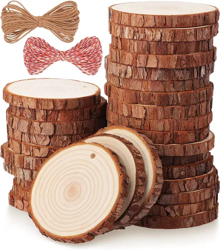 Miniatura 7 de Fuyit Juego de 30 piezas de madera natural de 2.4 a 2.8 pulgadas, kit de madera sin terminar pre-perforado con agujero, círculos de madera